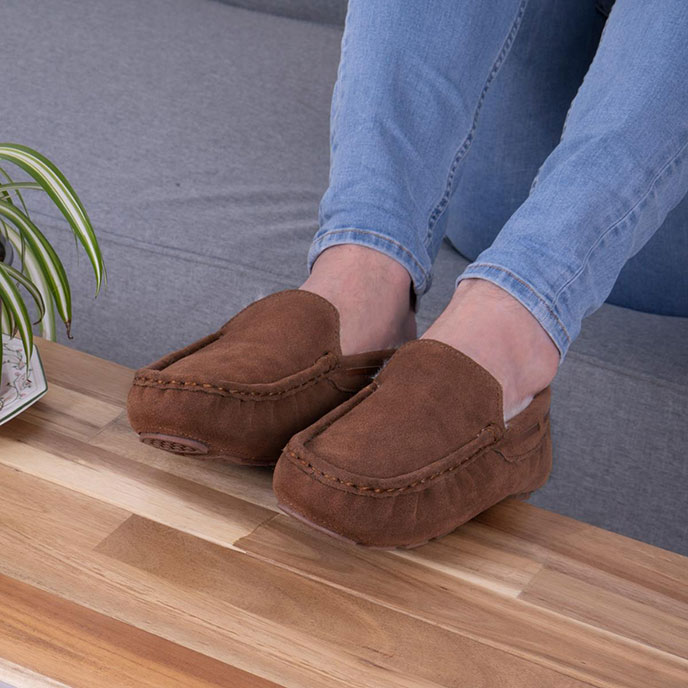 Isotoner® Mens Real Suede With Closed Stitch Moccasin Slipper Tan